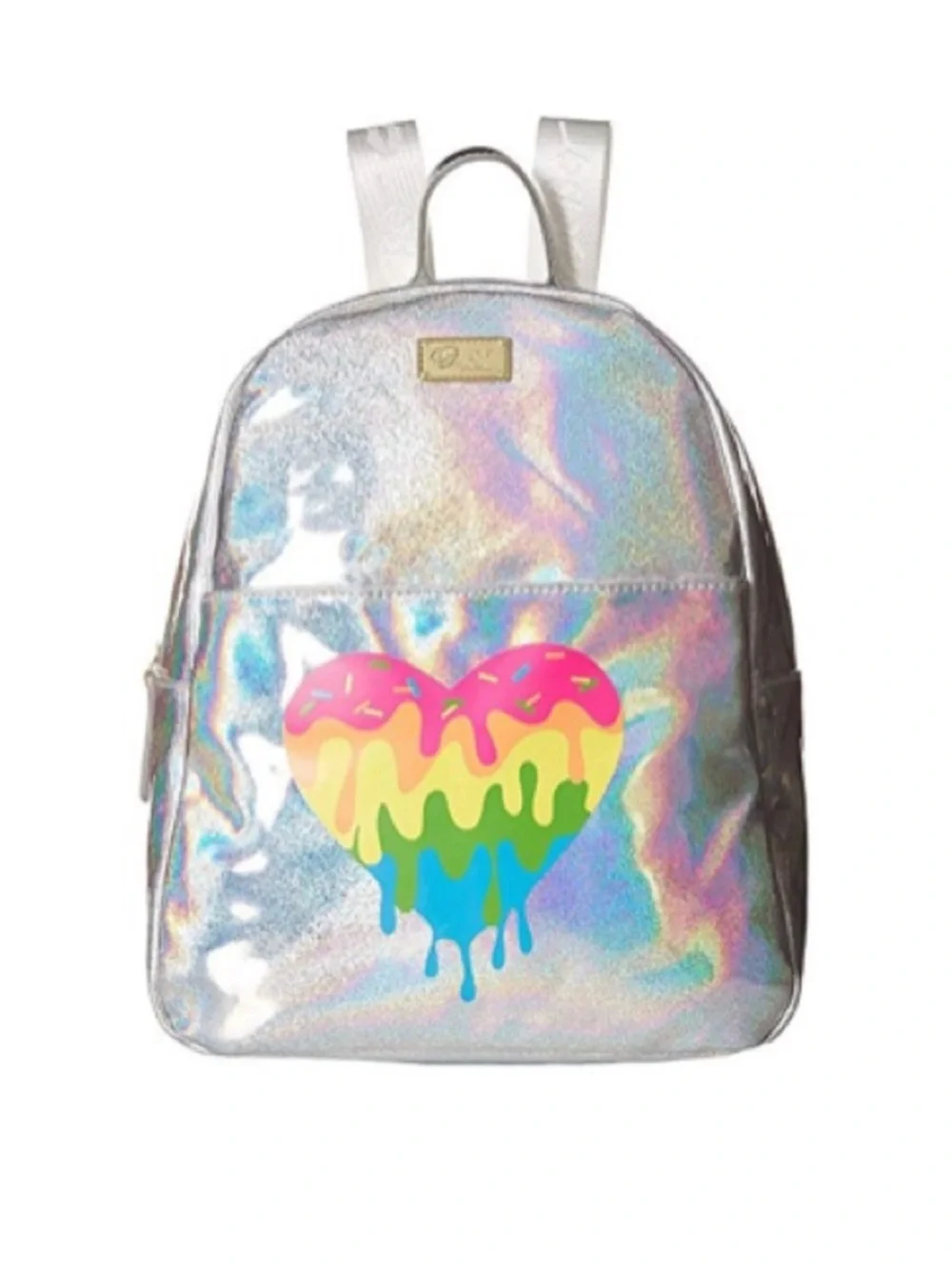BETSEY JOHNSON Metallic Silver Rainbow Heart Sprinkle Backpack